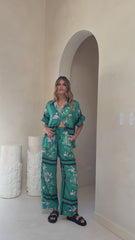 Vallerie Button Up Shirt - Green/Pink Print