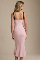 Valentina-Layered Bra-Detail Fishtail Midaxi Dress in Pink Polka Dot
