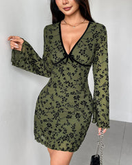 Green Floral V Neck Mini Dress