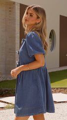 Cantara Tie Front Mini Dress - Mid Blue Denim