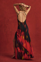 Marisol-Open-Back Maxi Dress in Red Blurred Print