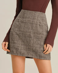Brown Retro Plaid Straight Mini Skirt
