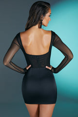 Lorient-Long Sleeve Mesh Mini Dress in Black