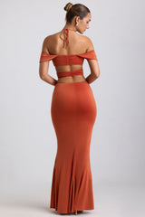 Karleen-Slinky Jersey Cut-Out Halterneck Gown in Burnt Orange