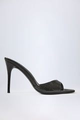 Amandine-Almond-Toe Heeled Mules in Croc Patent Black
