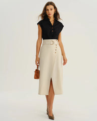 Beige Wrap Belted Midi Skirt