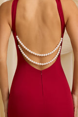 Xanthia-Pearl-Detail Halterneck Maxi Dress in True Red