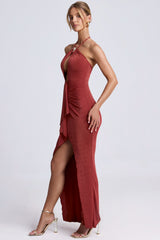 Margot-Hardware Detail Cut-Out Halterneck Maxi Dress in Auburn Brown
