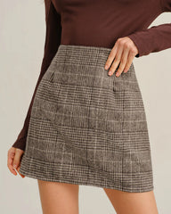 Brown Retro Plaid Straight Mini Skirt