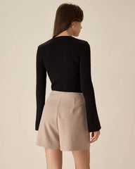 The Black Round Neck Button Up Knit Top