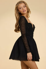 Olympia-Plunge Neck Tulle Mini Dress in Black