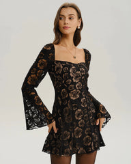 Black See Through Bell Sleeve Mini Dress