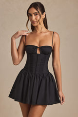 Dorothea-Pintucked Shirred Mini Dress in Black