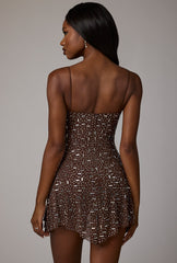 Durrani-Sheer Embellished Scoop Neck Mini Dress in Deep Cocoa
