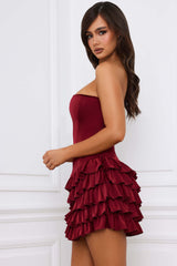 Juliet-Bandeau Ruffled Tiered Corset Mini Dress in Berry Red