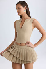 Nada-Layered Pleated Low-Rise Mini Skirt in Camel