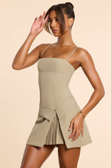 Bruna-Woven Twill Wrap Over Pleated Mini Dress in Taupe