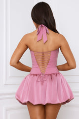 Ludmila-Halterneck Lace-Up Bubble Hem Corset Micro Mini Dress in Mauve