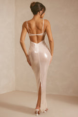Marlena-Sheer Sequin V-Neck Cut Out Back Evening Gown in White