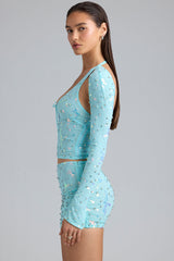 Willow-Ruched Mid-Rise Micro Mini Skirt in Ice Blue