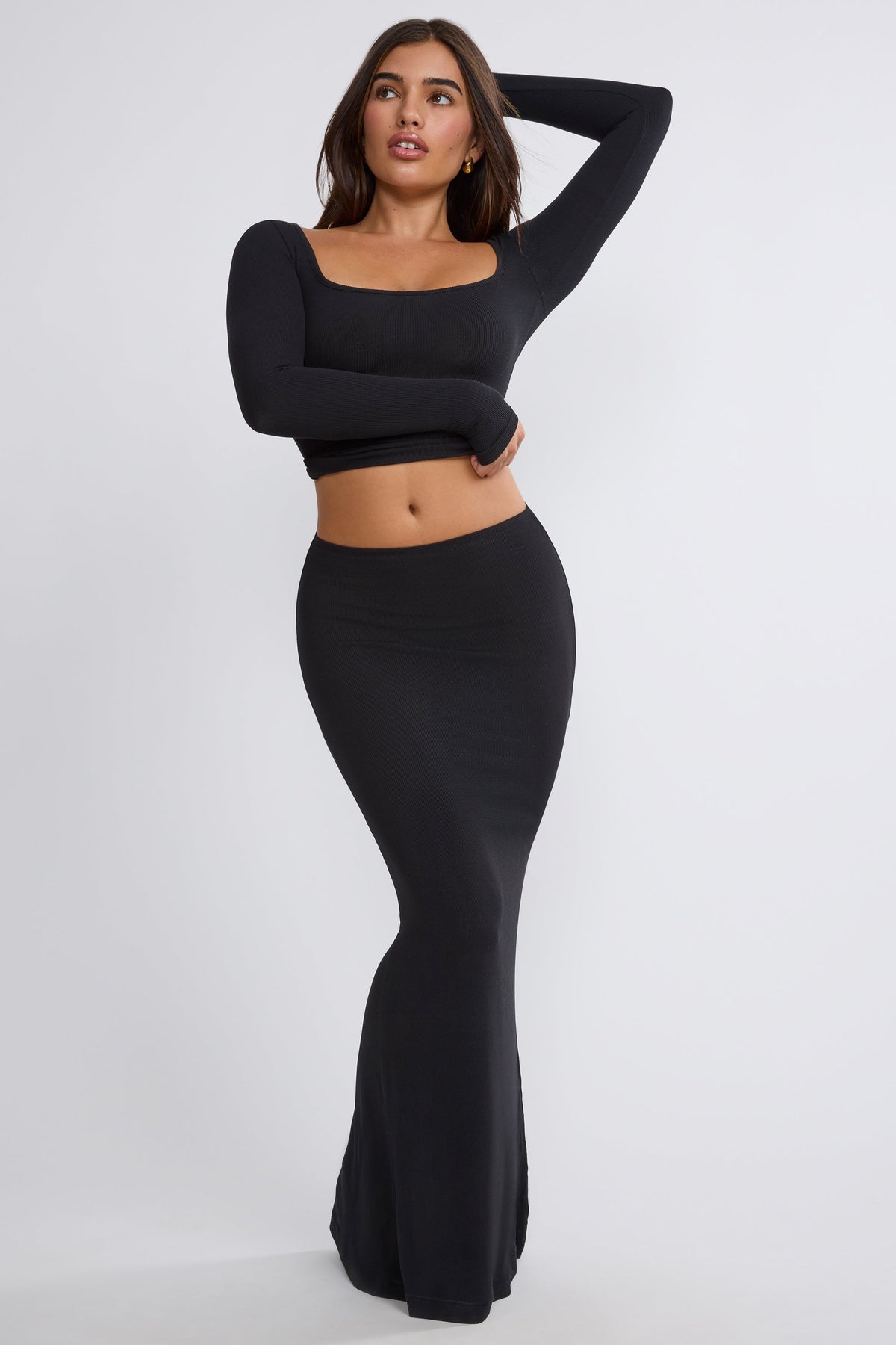 Mona-Ribbed Modal Mid Rise Maxi Skirt in Black