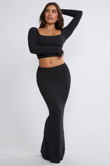 Mona-Ribbed Modal Mid Rise Maxi Skirt in Black