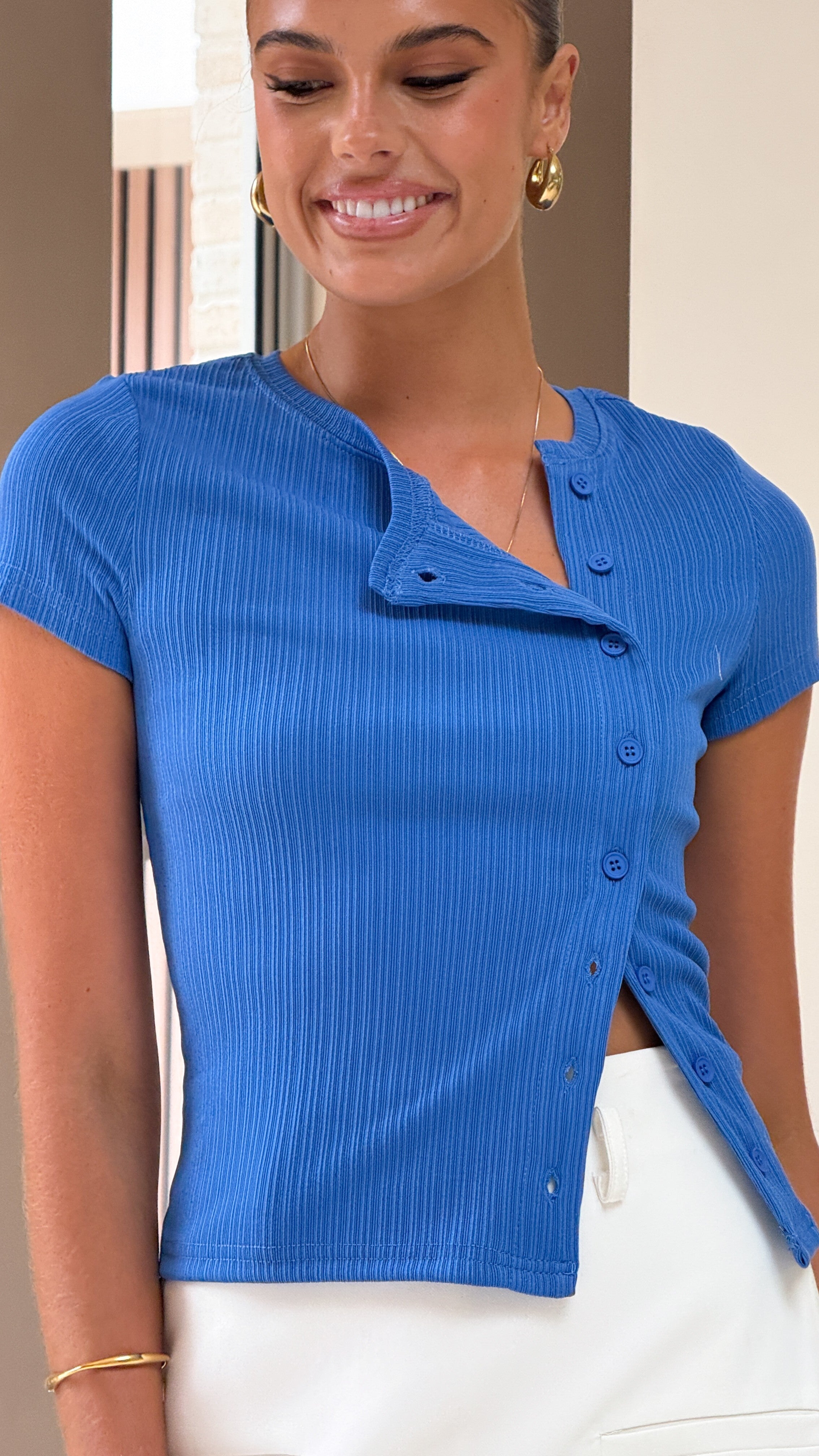 Lola Asymmetric Button Up Top - Blue