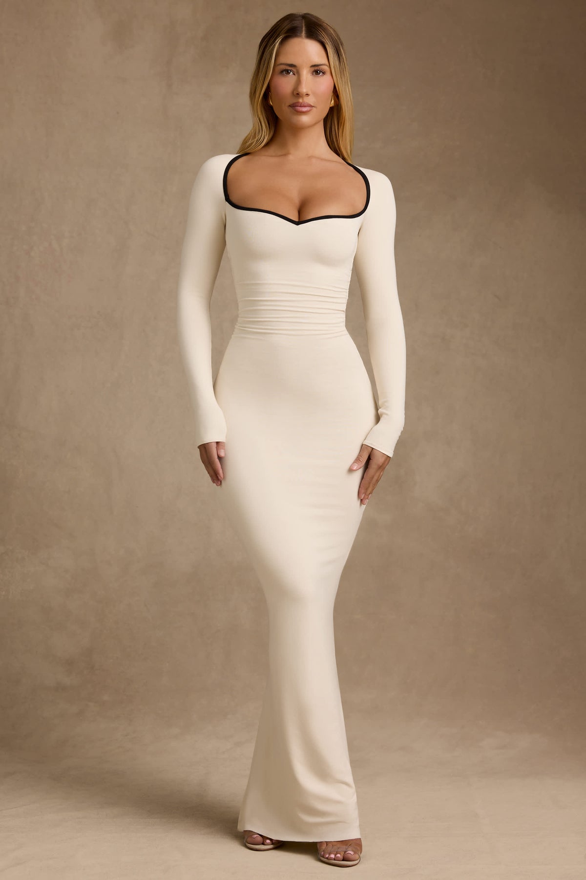 Ginette-Modal Contrast-Trim Maxi Dress in Ivory