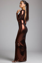 Safiya-Long Sleeve Metallic Jersey Evening Gown in Copper Bronze