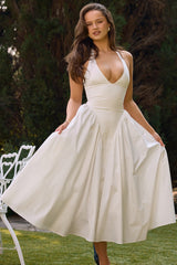 White Cotton Halter Midi Sundress