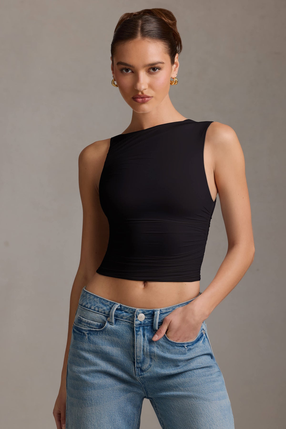 Kirbie-Asymmetric Ruched Tank Top in Black