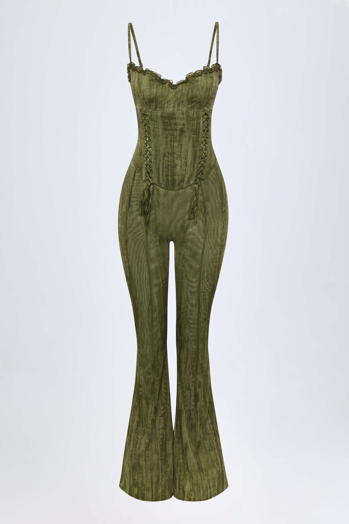Carmen-Lace-Up Ruffled Flared Jumpsuit in Green Print
