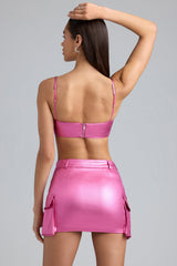 Jaimee-Metallic Denim Mid-Rise Cargo Mini Skirt in Deep Pink