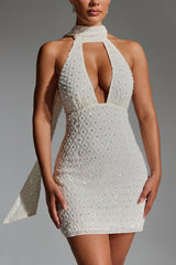 Henrietta-Embellished Scarf-Detail Halterneck Mini Dress in White