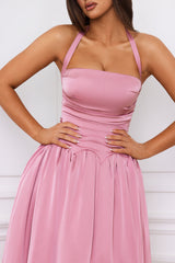 Amelie-Halterneck Lace-Up Ruched Corset Midi Dress in Mauve