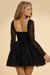 Olympia-Plunge Neck Tulle Mini Dress in Black