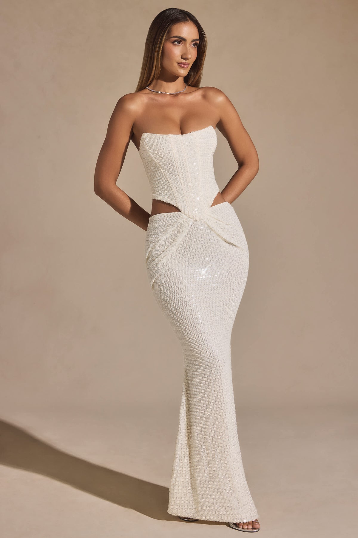Saphira-Embellished Cut-Out Draped Corset Gown in White