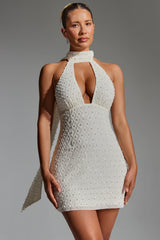 Henrietta-Embellished Scarf-Detail Halterneck Mini Dress in White