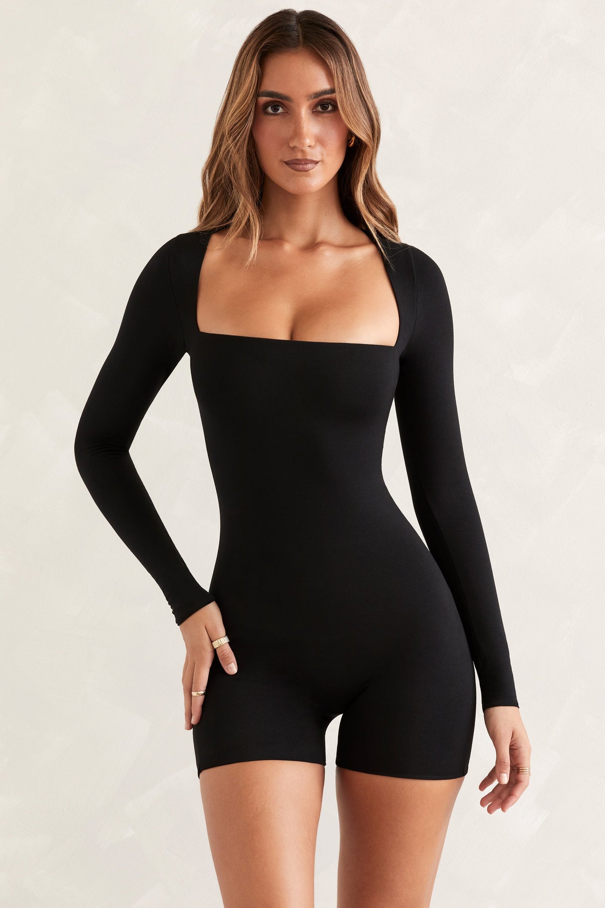 Rue-Long Sleeve Square Neck Unitard in Black