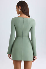 Taesha-Square-Neck Structured Tulip Mini Dress in Khaki Green
