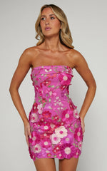 Wren Mini Dress - Strapless Bodycon Garden Flowers Dress in Magenta