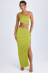 Ishaana-Ruched Asymmetric-Waist Maxi Skirt in Pear Green