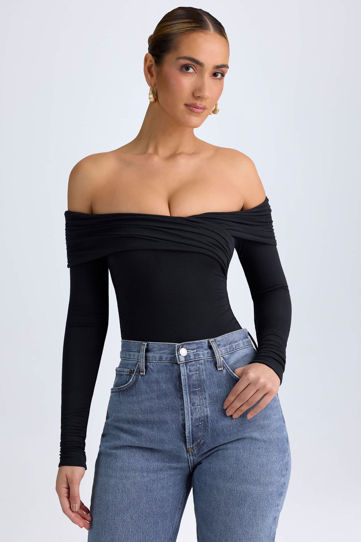 Ceyln-Modal Off-Shoulder Ruched Bodysuit in Black