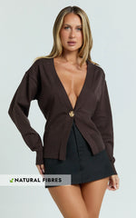 Makayla Cardigan - Long Sleeve Deep V Hardware Button Cardigan in Chocolate