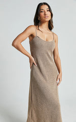 Jessie Midi Dress - Knitted Strappy Scoop Neck Slip Dress in Mushroom