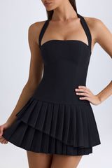 Rosaria-Asymmetric Layered Halterneck Mini Dress in Black