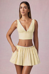 Maira-Ruched Drawstring Mini Skirt in Lemon Yellow Stripe