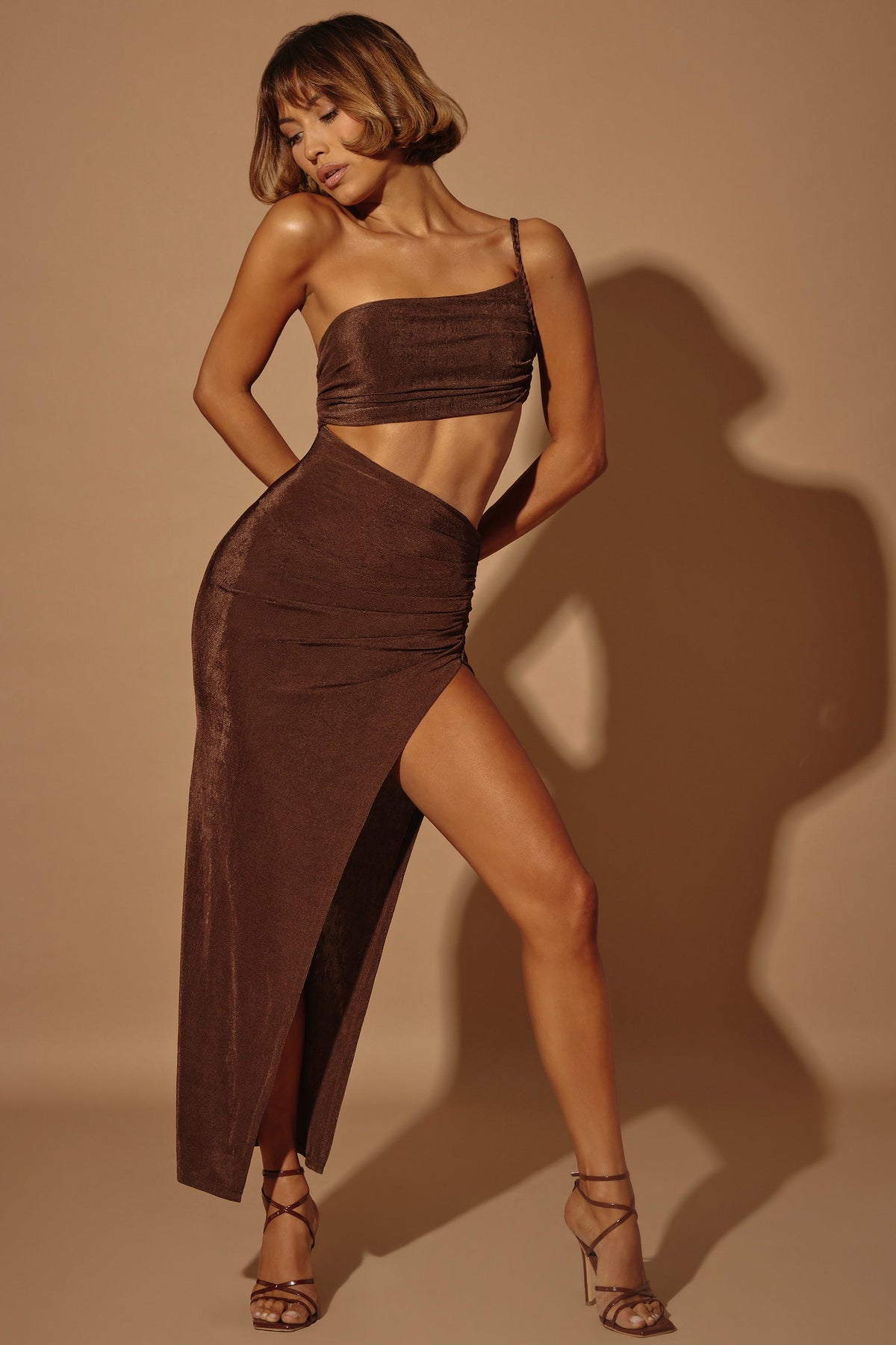 Ishtar-One Shoulder Cut Out Maxi Dress in Brown
