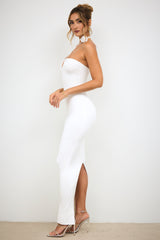 Vasara-Slinky Jersey Rose Detail Halter Neck Maxi Dress in White