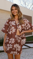 Abilene Button Up Shirt - Brown Daylillies